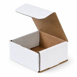 white corrugated mailer box open with kraft interior fold-over lid small shipping box