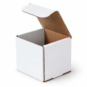 white corrugated shipping box with kraft interior and fold-over lid open