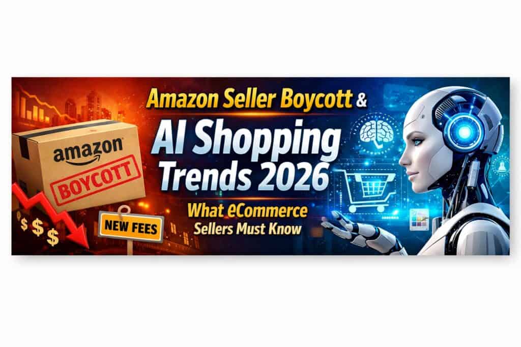 Amazon seller boycott and AI shopping trends 2026 with ecommerce packaging box and futuristic robot buyer illustration