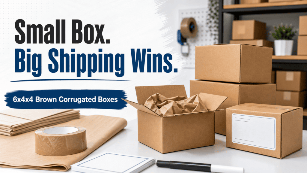 Small Box. Big Shipping Wins graphic for 6x4x4 brown corrugated boxes used in ecommerce shipping