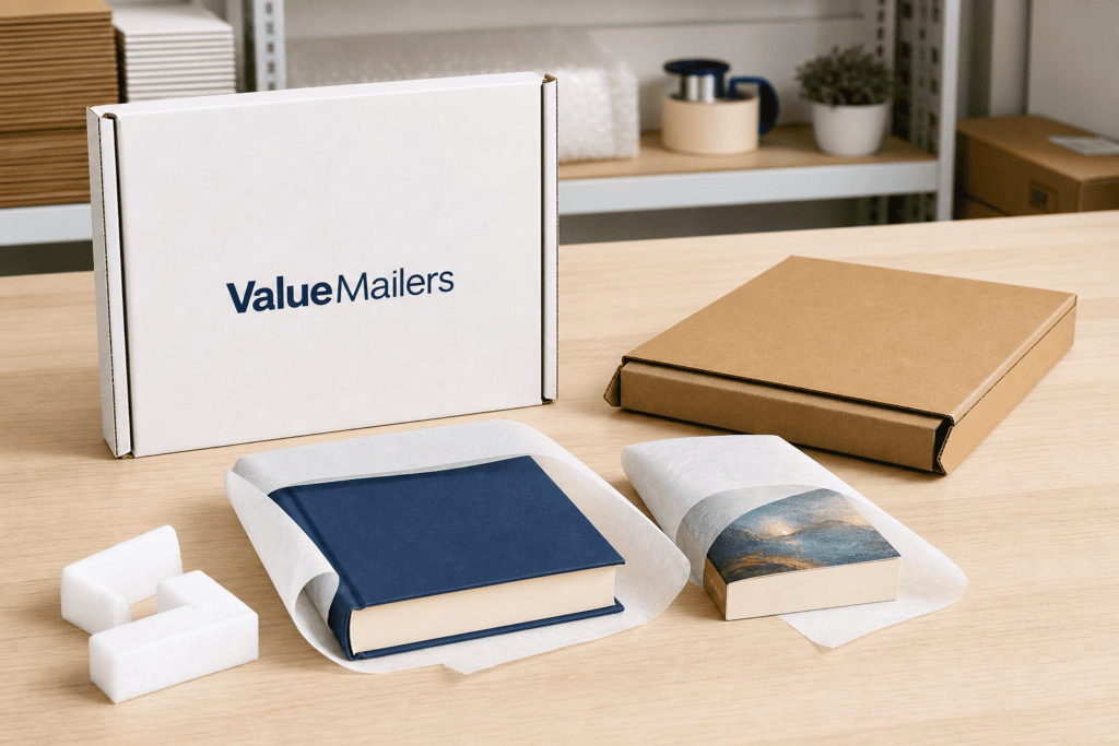 ValueMailers book shipping mailers with books and protective packing tissue paper