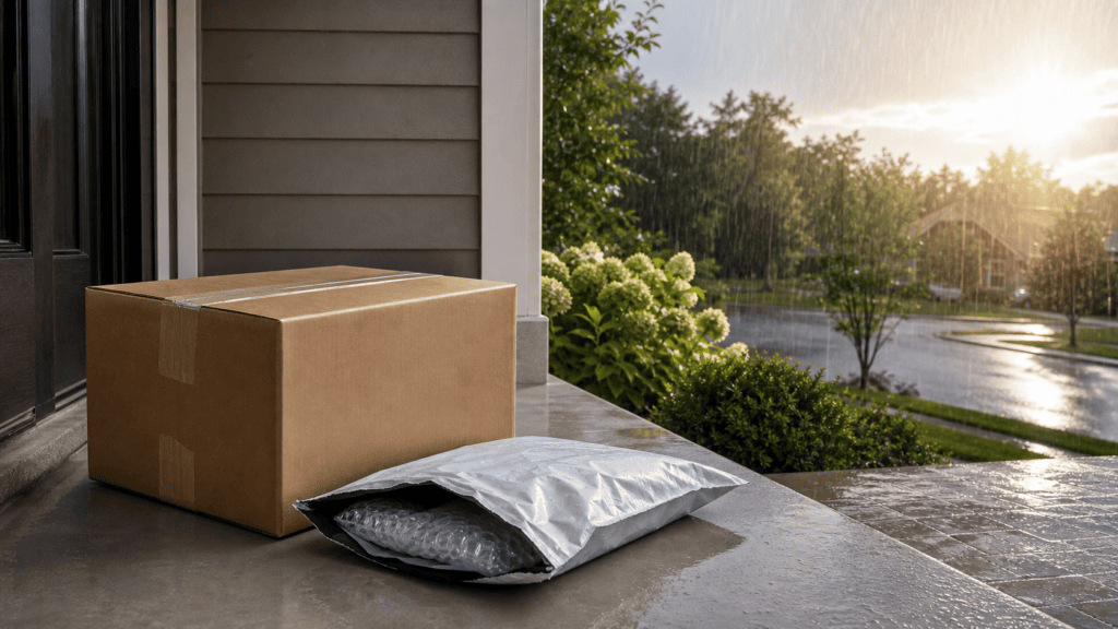 A corrugated shipping box and protective poly mailer sheltered from rain on a residential porch
