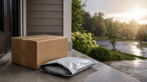 A corrugated shipping box and protective poly mailer sheltered from rain on a residential porch