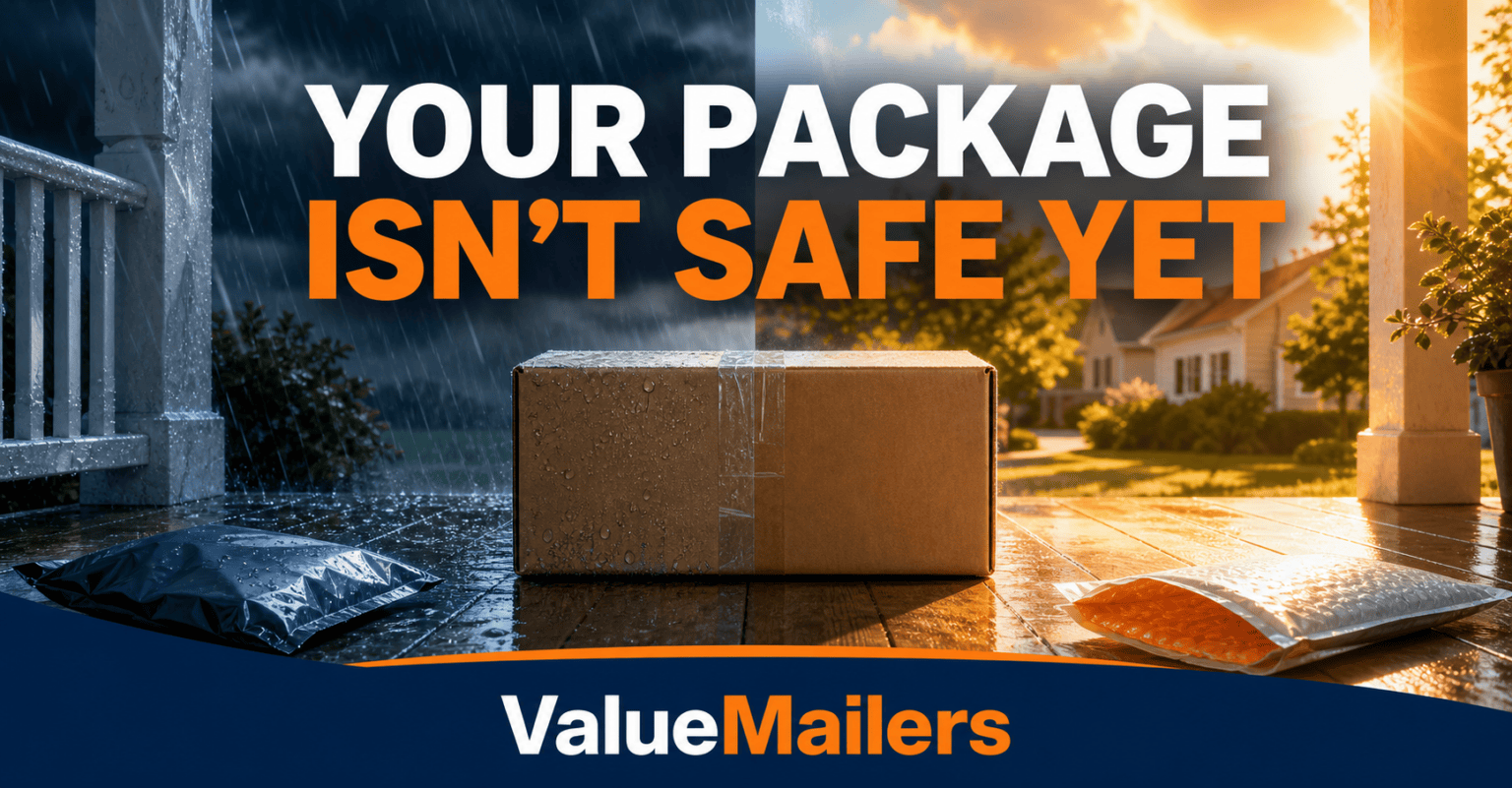 Weatherproof packaging for shipping protects an ecommerce parcel from porch rain and heat