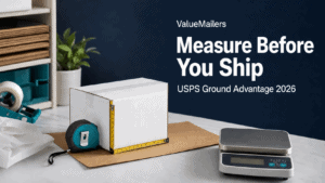 ValueMailers Measure Before You Ship graphic with a measured ecommerce shipping box and postal scale