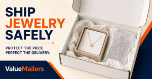 How to ship jewelry safely with a ValueMailers corrugated box, tissue paper, and bubble protection