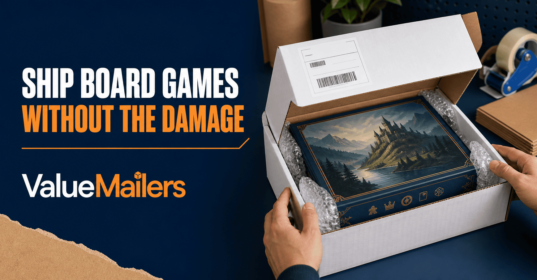 ValueMailers guide to shipping board games safely with a protected corrugated shipping box.