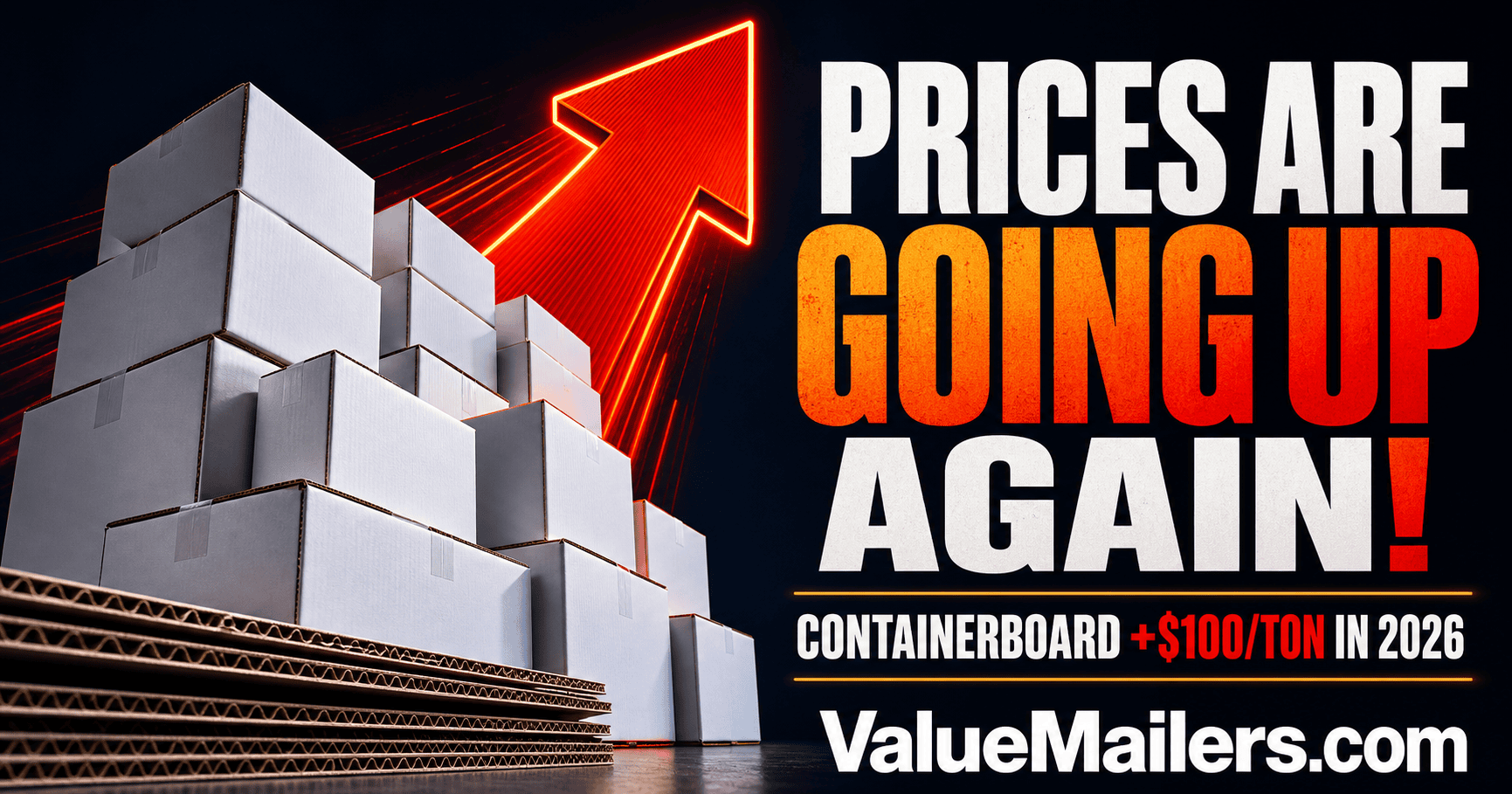 Containerboard prices 2026: white corrugated boxes with a rising arrow