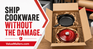 ValueMailers guide to shipping cookware safely with a protected cast-iron skillet and Dutch oven in a corrugated box.