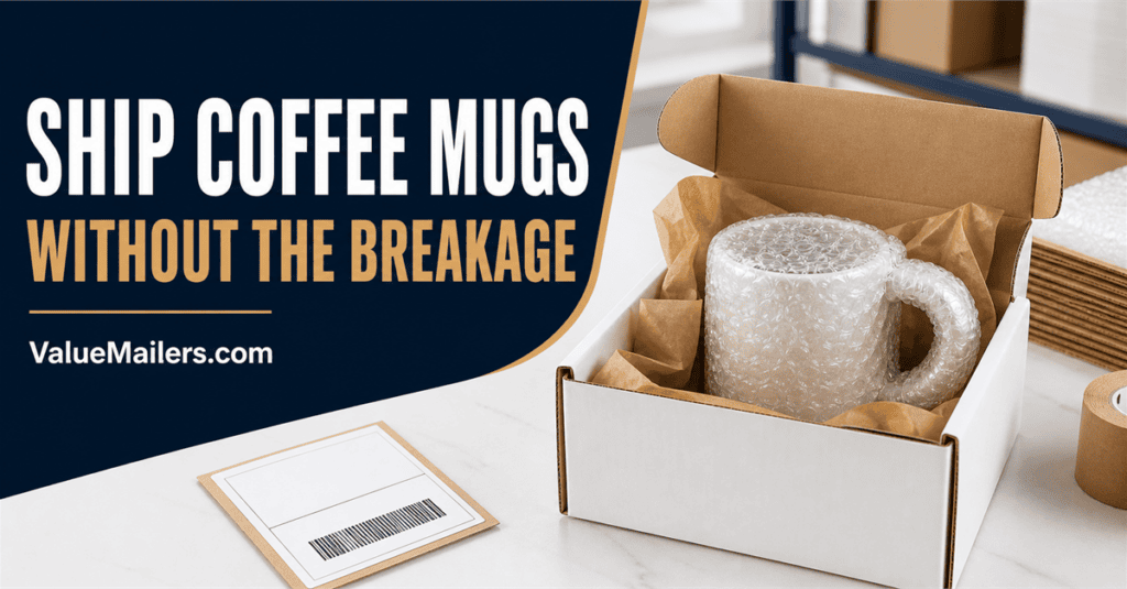 Ceramic coffee mug protected with bubble cushioning inside a white corrugated shipping box