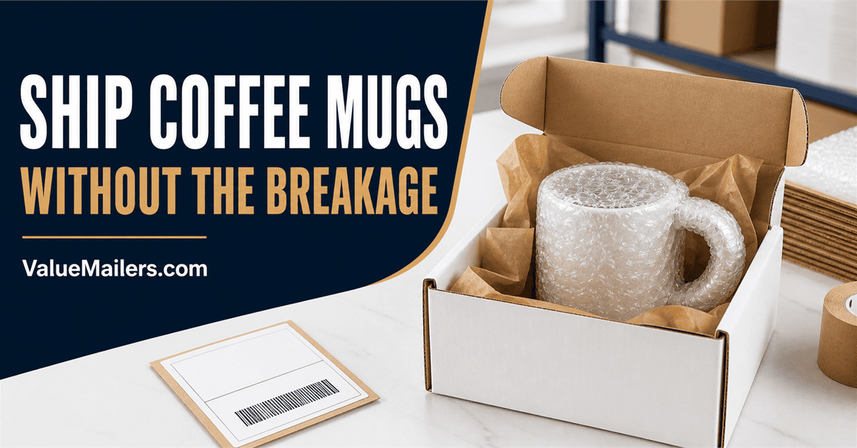 Ceramic coffee mug protected with bubble cushioning inside a white corrugated shipping box