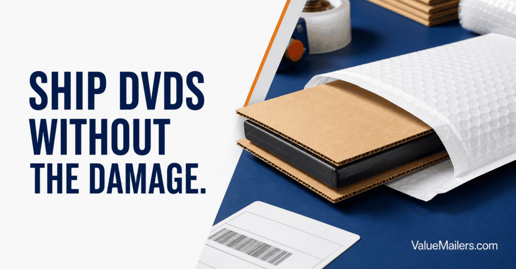 DVD case protected with corrugated stiffeners inside a white bubble mailer