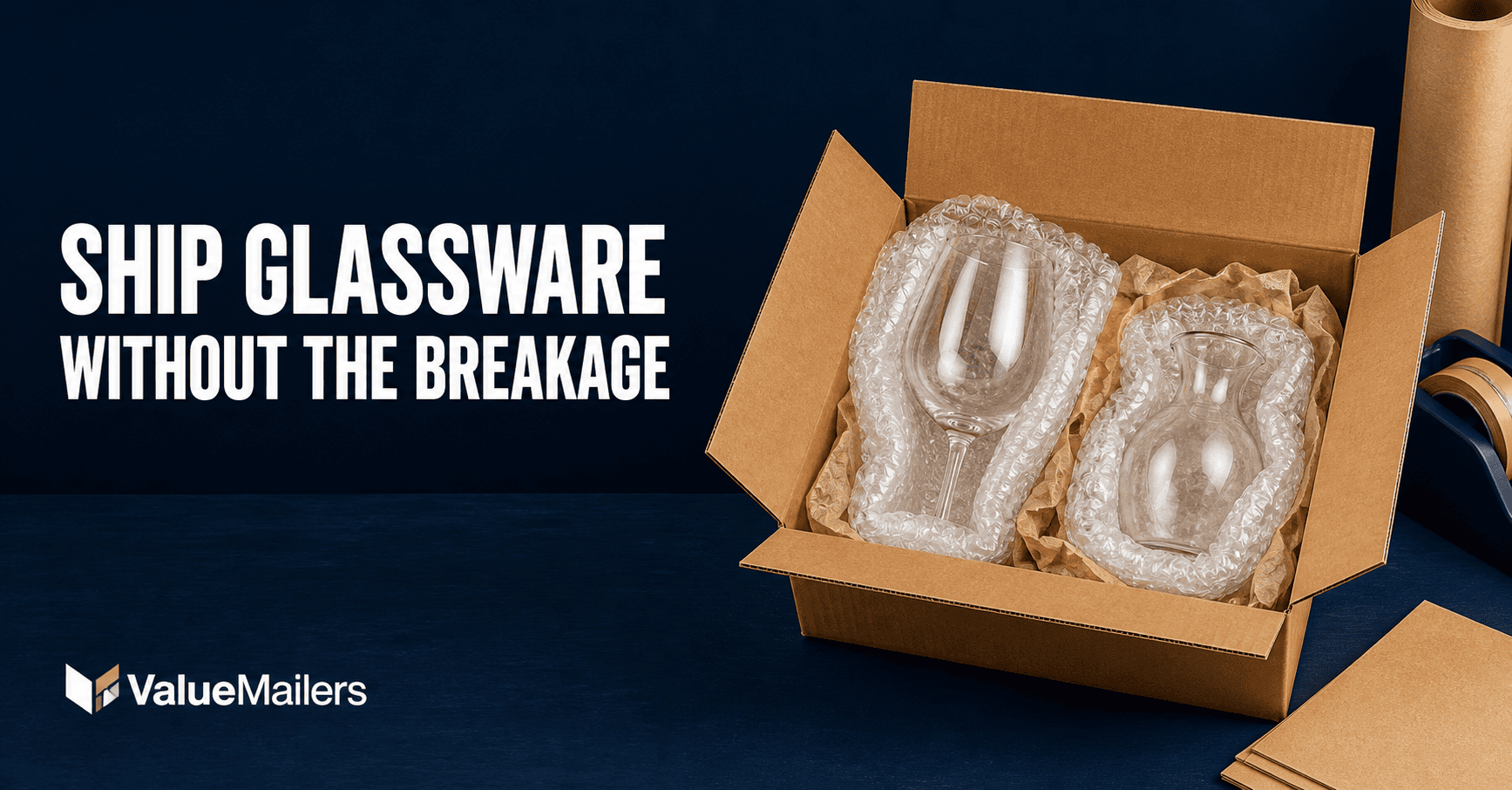 ValueMailers guide to shipping glassware safely with bubble cushioning and a corrugated box.