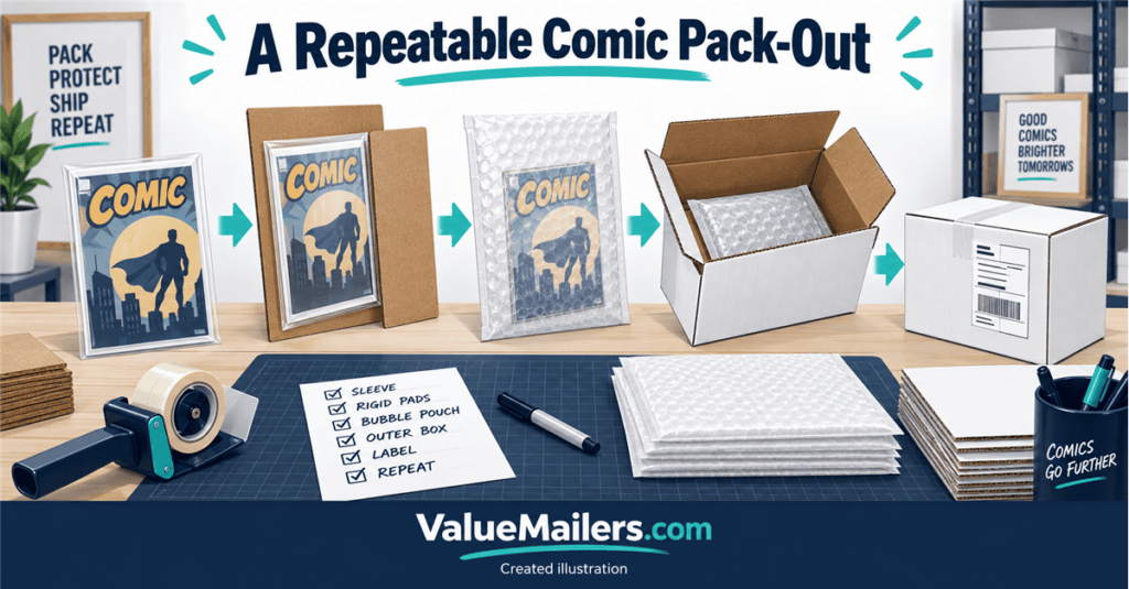 Created illustration showing a protected comic book between rigid corrugated pads inside a white shipping box, branded ValueMailers.com.