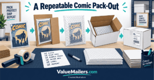 Created illustration showing a protected comic book between rigid corrugated pads inside a white shipping box, branded ValueMailers.com.