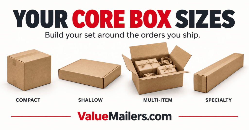 Created ValueMailers.com illustration showing compact, shallow, multi-item, and specialty shipping boxes.