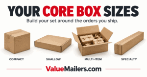 Created ValueMailers.com illustration showing compact, shallow, multi-item, and specialty shipping boxes.