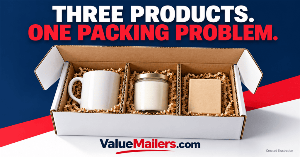 Gift bundle packaging illustration showing a mug, candle, and soap separated inside a plain white corrugated box