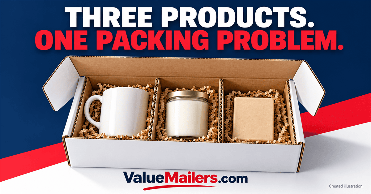 Gift bundle packaging illustration showing a mug, candle, and soap separated inside a plain white corrugated box