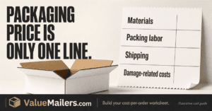 ValueMailers.com illustrated cost-per-order guide showing a white corrugated box beside materials, packing labor, shipping and damage-related costs.