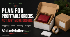 ValueMailers.com holiday profit planning illustration with a white shipping box, gift packaging, tape and labels.