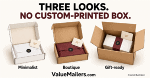 Created professional packaging illustration showing minimalist, boutique, and gift-ready stock boxes with labels, tissue and inserts. ValueMailers.com.