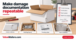 Shipping damage documentation illustration: carton exterior, packing layout, tracking label and item condition. ValueMailers.com.