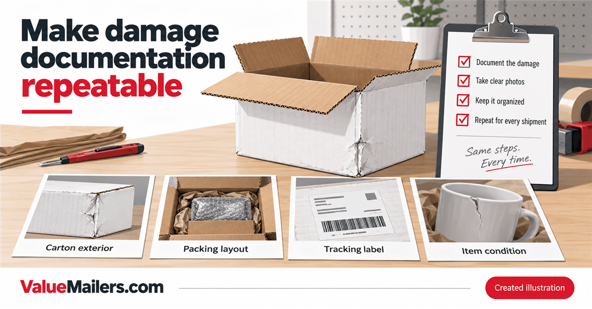 Created illustration of a seller documenting a damaged parcel, packing materials, label, and item condition