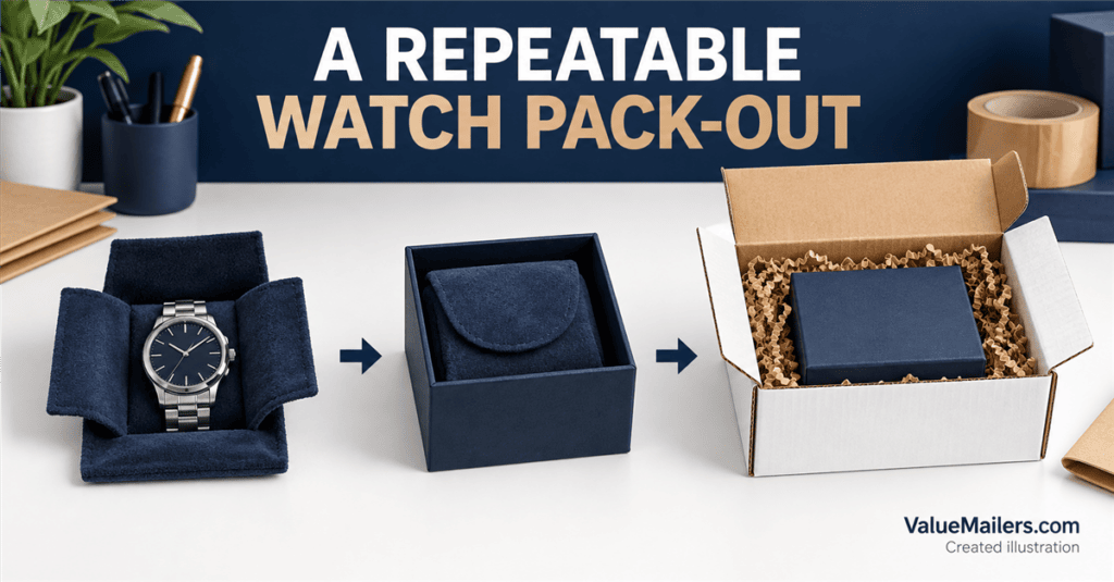 Created illustration of an unbranded wristwatch moving from a protective pouch to an inner box and cushioned white corrugated outer box, with ValueMailers.com visible.