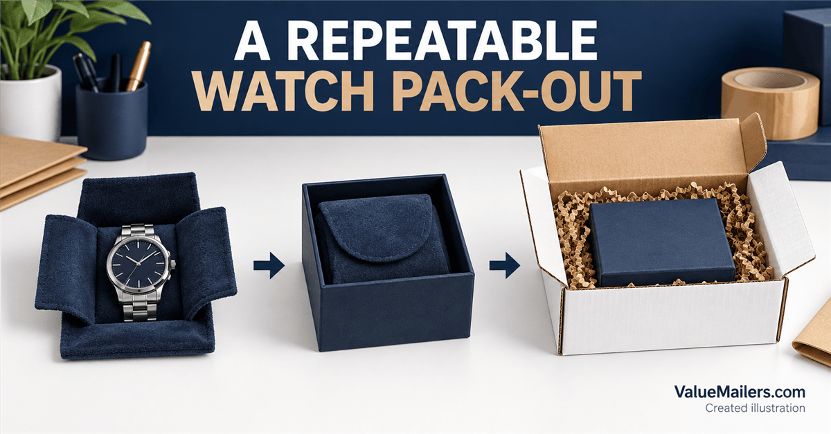How to ship watches safely: created illustration of a watch in a pouch, inner box, and cushioned white outer box, with ValueMailers.com.