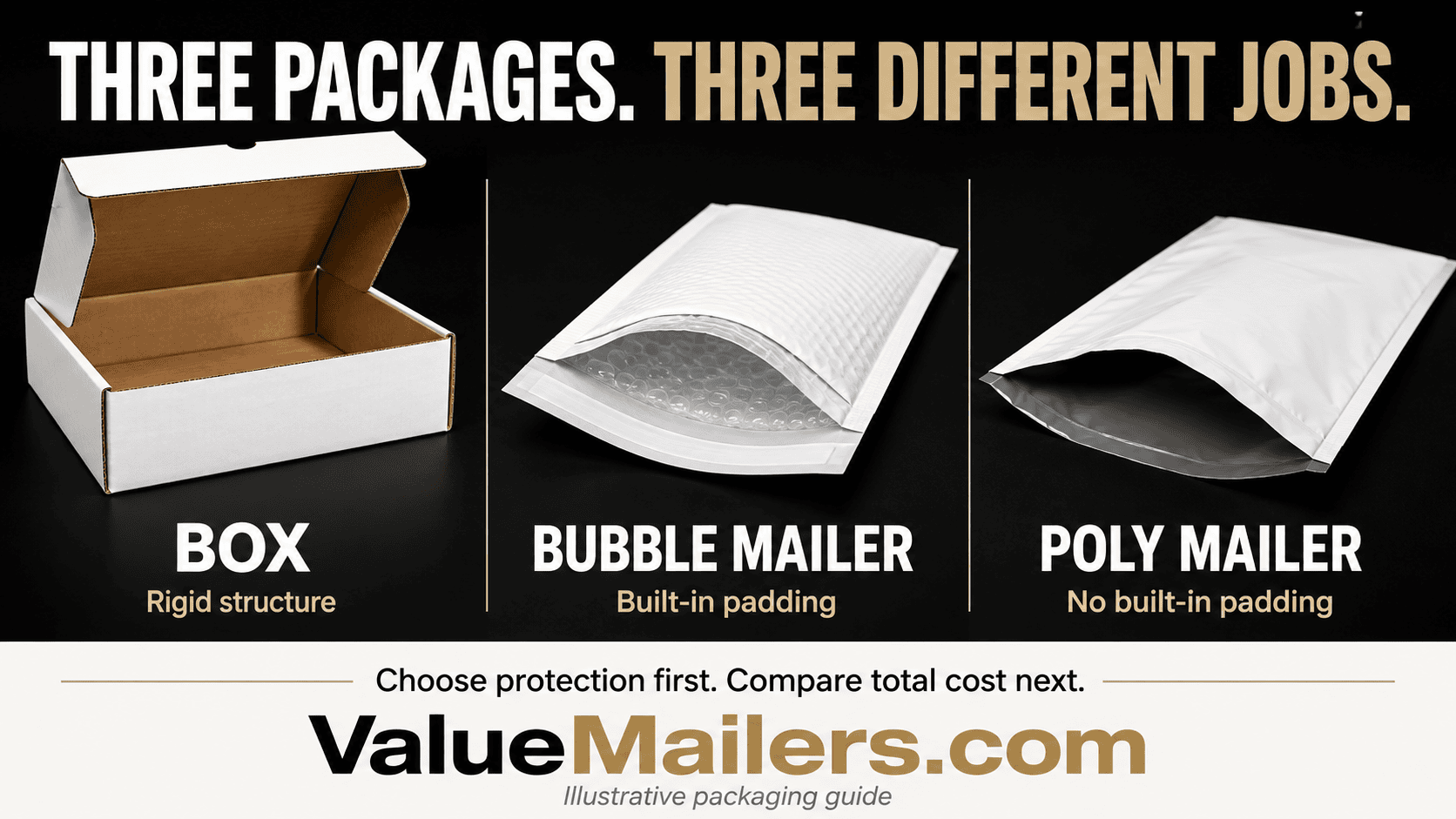 Mailers vs boxes illustrated: a corrugated box, bubble mailer with cushioning, and unpadded poly mailer, branded ValueMailers.com.