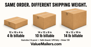 Shipping box costs illustrated: three box sizes for a hypothetical 2 lb order, with calculated FedEx Ground and UPS Daily billable weights of 4, 10, and 14 lb.