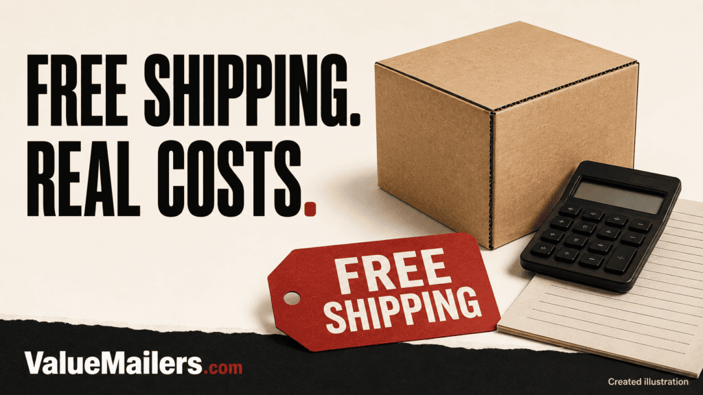 Free shipping threshold guide illustrated with a shipping carton, free-shipping tag, calculator and ValueMailers.com branding.