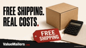 Free shipping threshold guide illustrated with a shipping carton, free-shipping tag, calculator and ValueMailers.com branding.