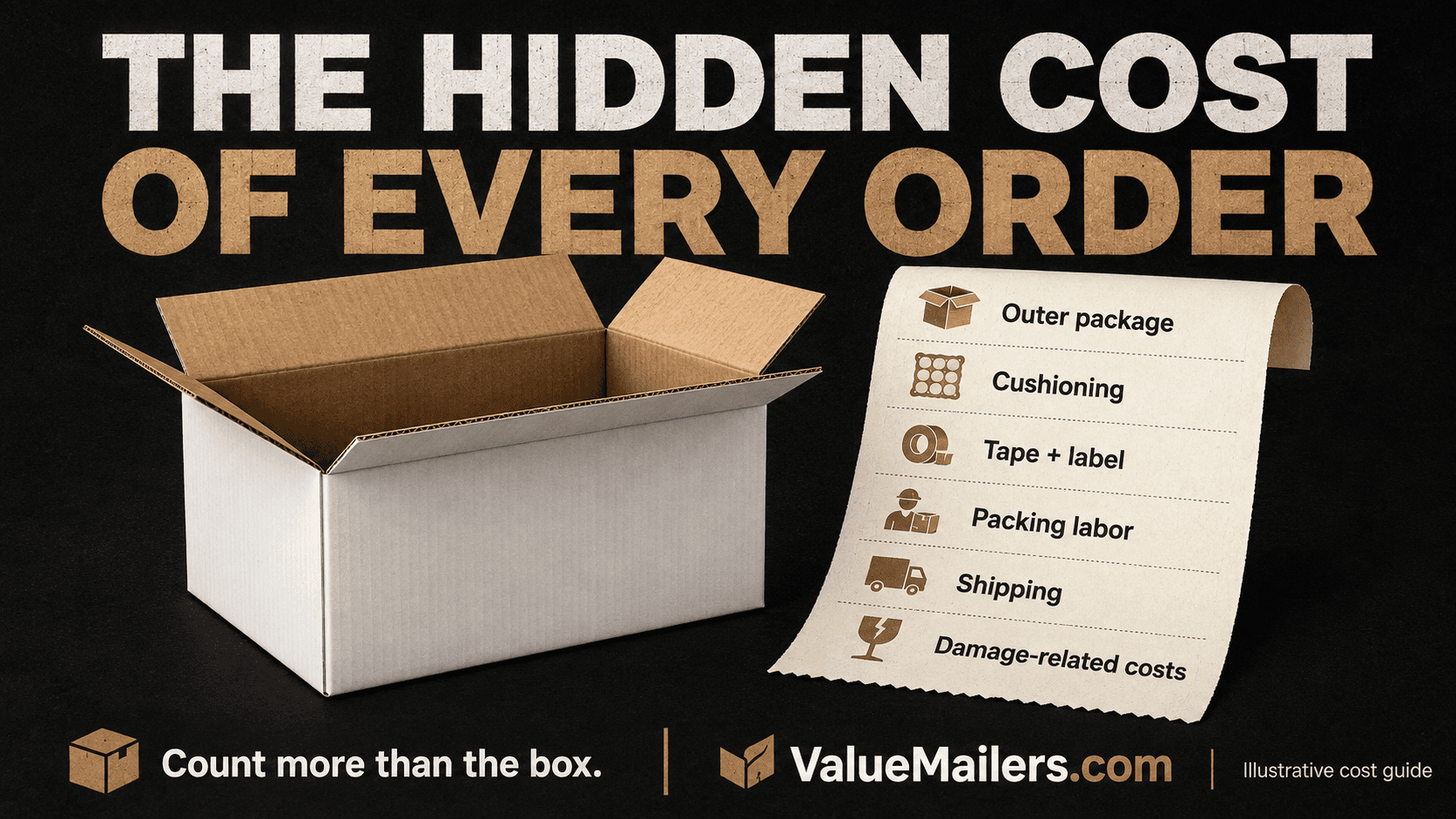 Cost per order illustrated with a corrugated box and a checklist of packaging, cushioning, tape and label, labor, shipping, and damage-related costs. ValueMailers.com.