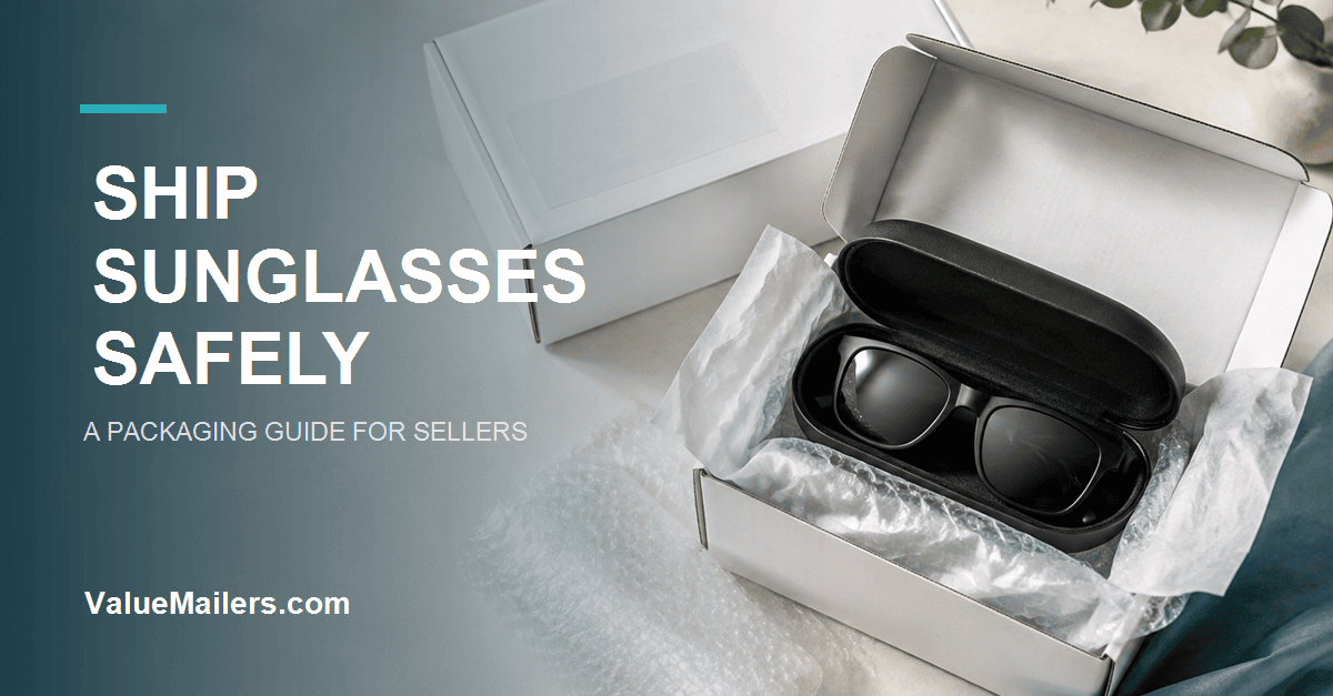 Black sunglasses protected in a hard case with tissue and bubble cushioning inside a white corrugated shipping box