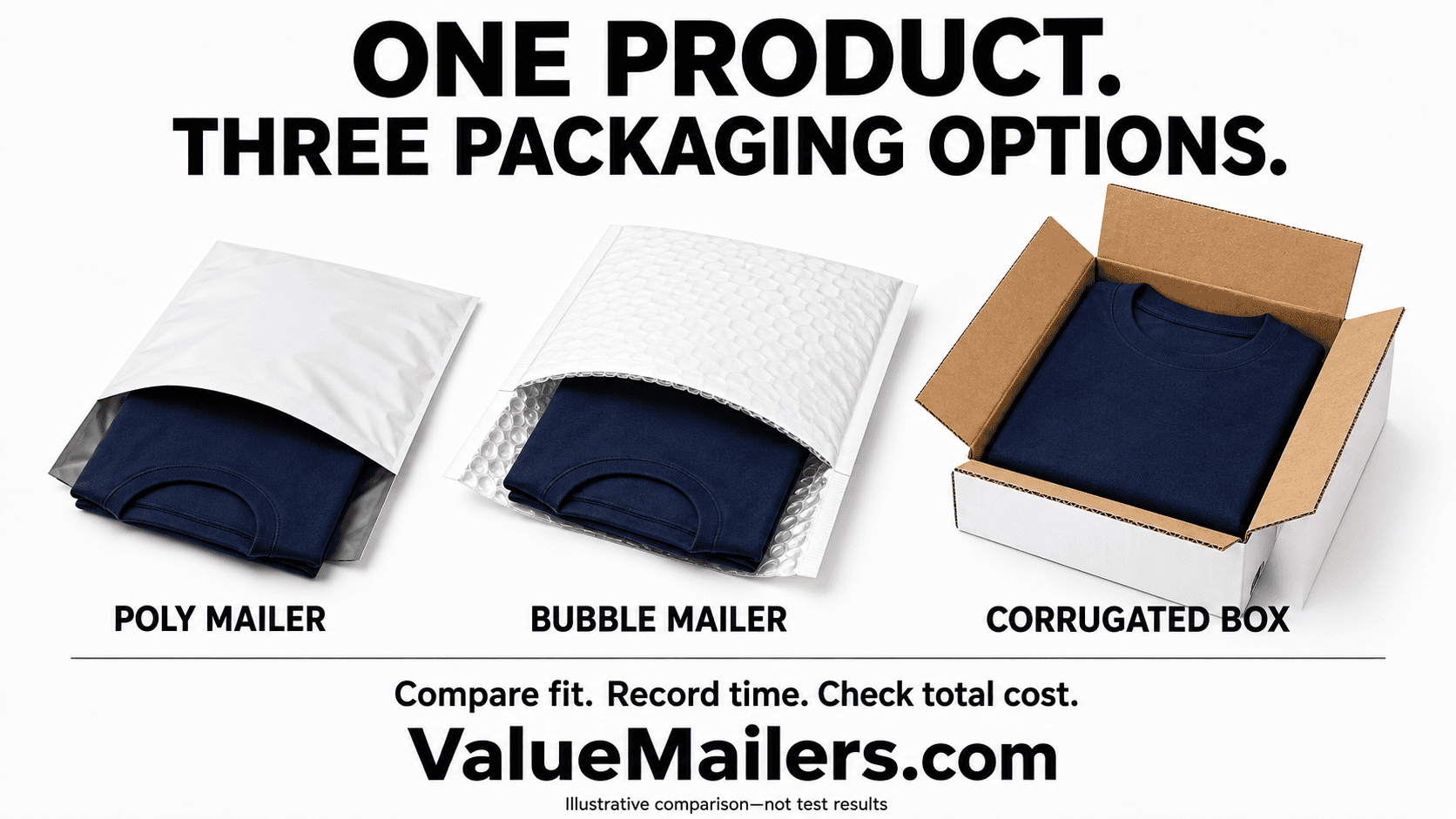Packaging comparison illustration of the same plain navy T-shirt in a poly mailer, bubble mailer, and corrugated box. ValueMailers.com.