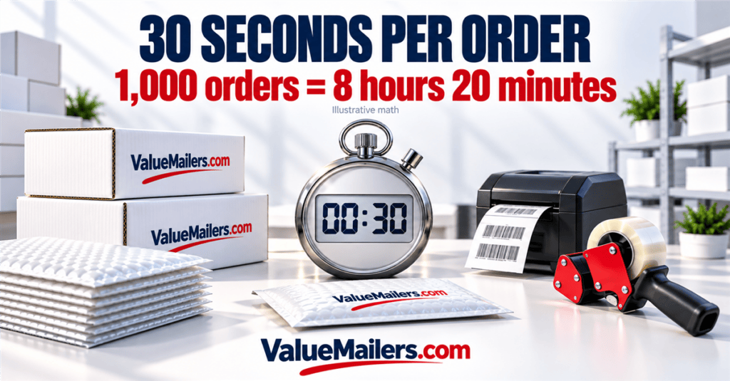 Packing station efficiency illustration with a 30-second timer, white boxes, mailers, and ValueMailers.com
