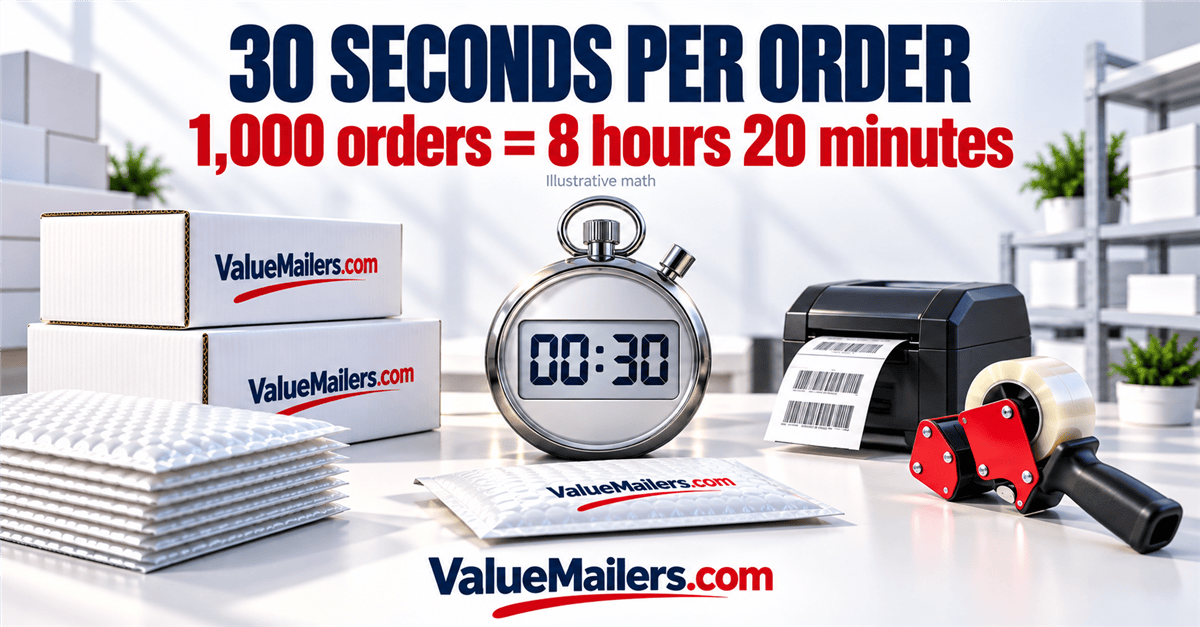 Packing station efficiency illustration with a 30-second timer, white boxes, mailers, and ValueMailers.com