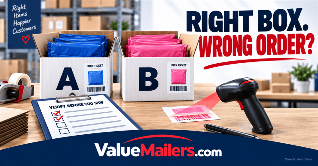 Prevent packing errors by checking blue and pink mailer orders against pick tickets; created ValueMailers.com illustration