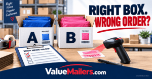 Prevent packing errors by checking blue and pink mailer orders against pick tickets; created ValueMailers.com illustration