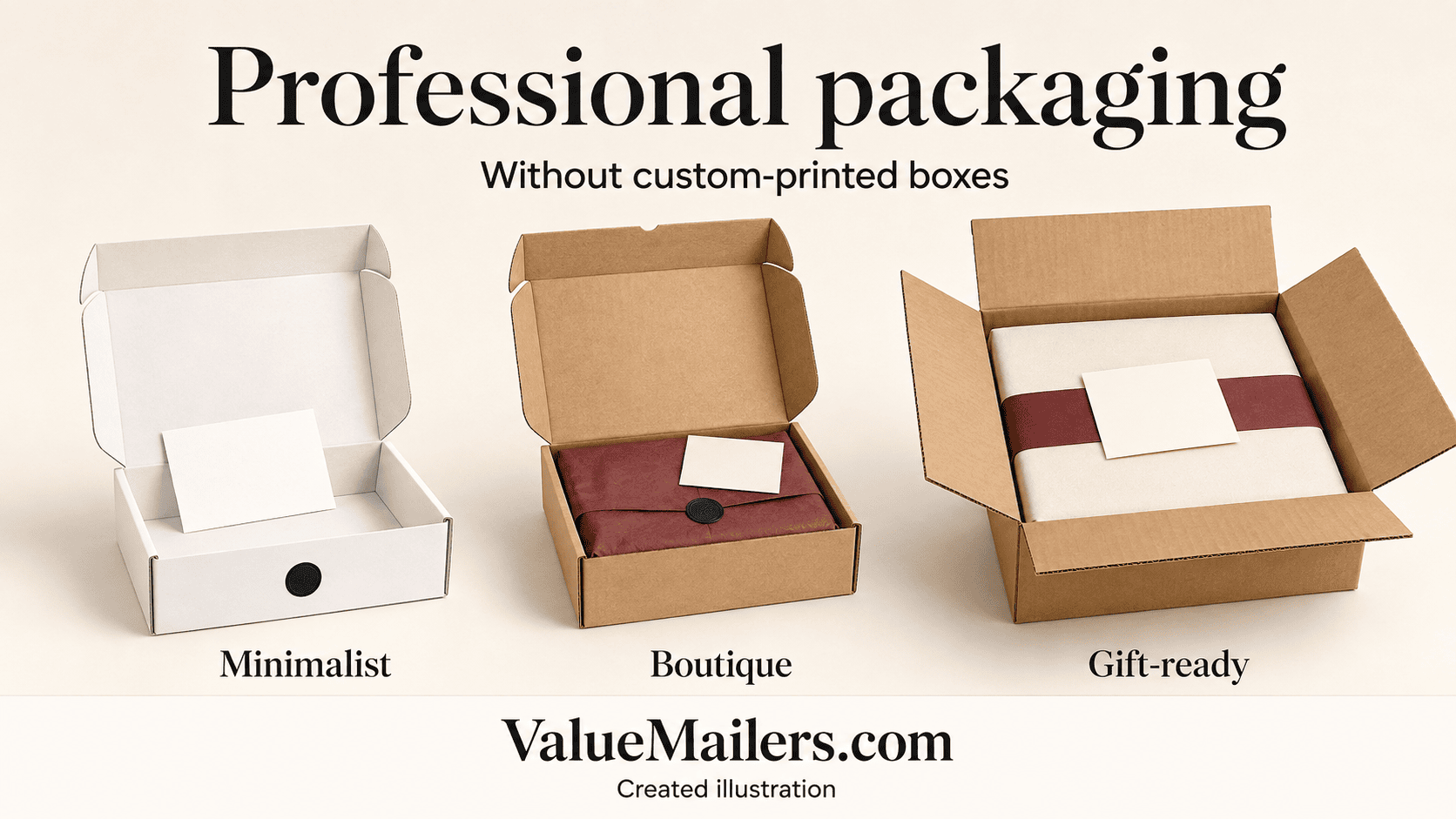 Created illustration of minimalist, boutique, and gift-ready stock-box presentation concepts with labels, tissue, and inserts, branded ValueMailers.com.