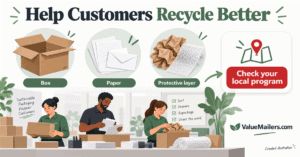 Help customers recycle packaging: separate boxes, paper and protective layers, then check local rules. Created illustration by ValueMailers.com.