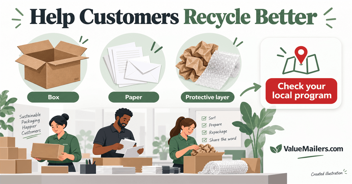 Created illustration of a seller separating a corrugated box, paper insert, bubble pouch, and padded mailer for local recycling checks.