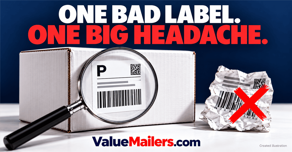 Shipping label mistakes illustration with a clear label on a white box and a damaged label