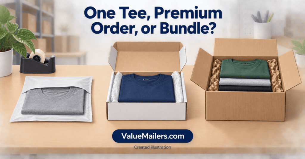 Created illustration of a folded T-shirt in a poly mailer, a shirt in a white corrugated mailer box, and a multi-shirt bundle in a shipping box; ValueMailers.com is visible.