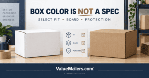 White shipping boxes vs brown boxes: created comparison illustration with ValueMailers.com branding.