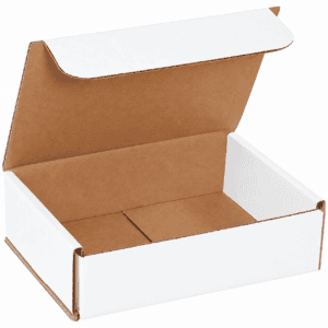 Open 7 x 5 x 2 white corrugated mailer box with kraft interior and tuck-top lid