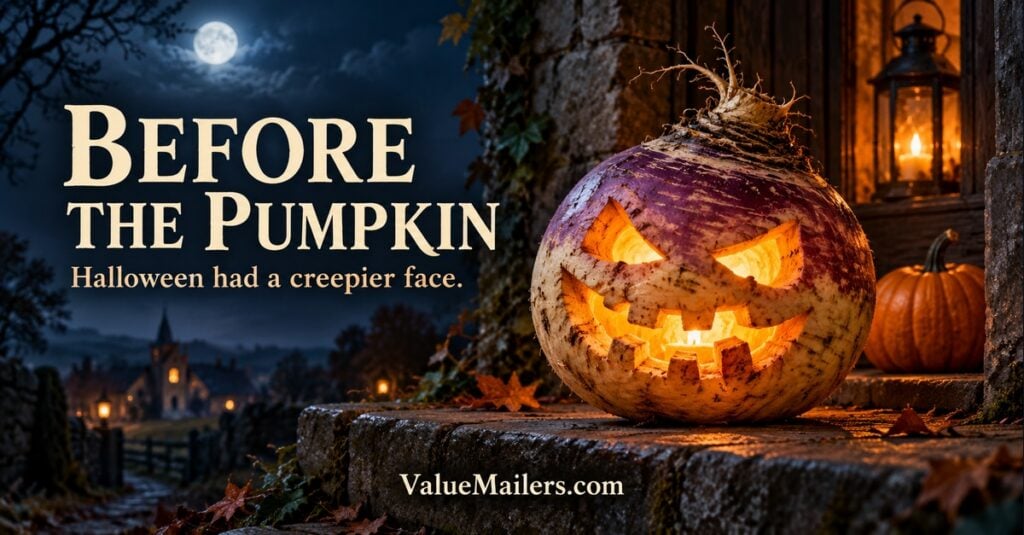 Illustration of glowing turnip lanterns on a stone doorstep with a pumpkin in the background.