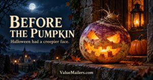 Illustration of glowing turnip lanterns on a stone doorstep with a pumpkin in the background.